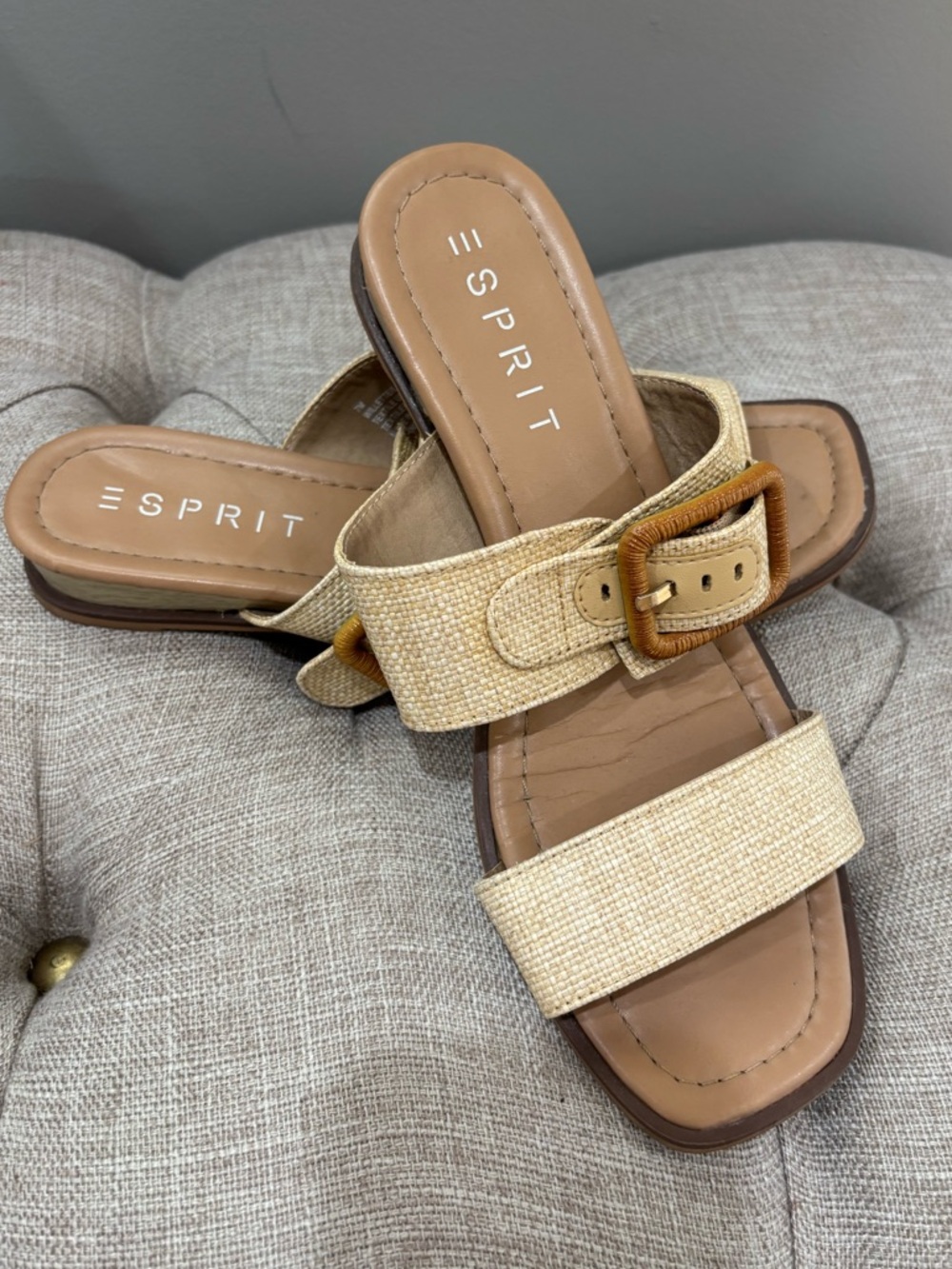 Esprit Beige Woven Slide Mules with Buckle Detail